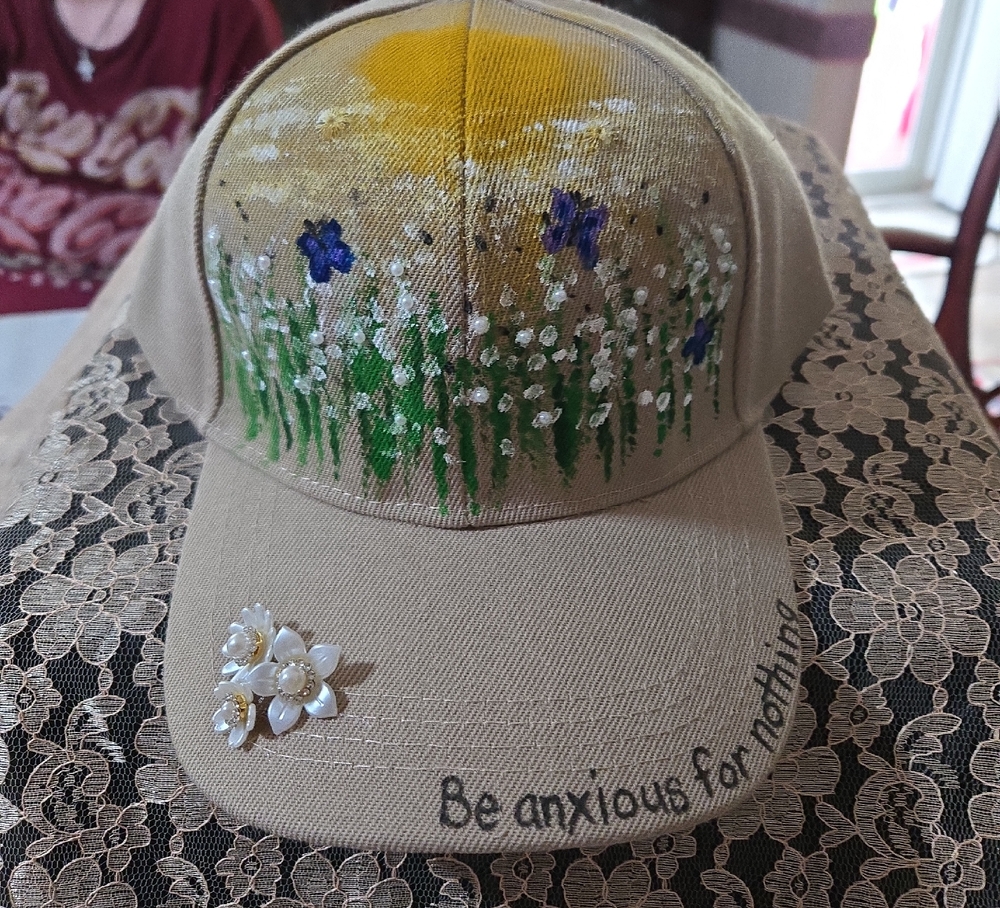Hand-Painted Tan Cap with Floral Design
